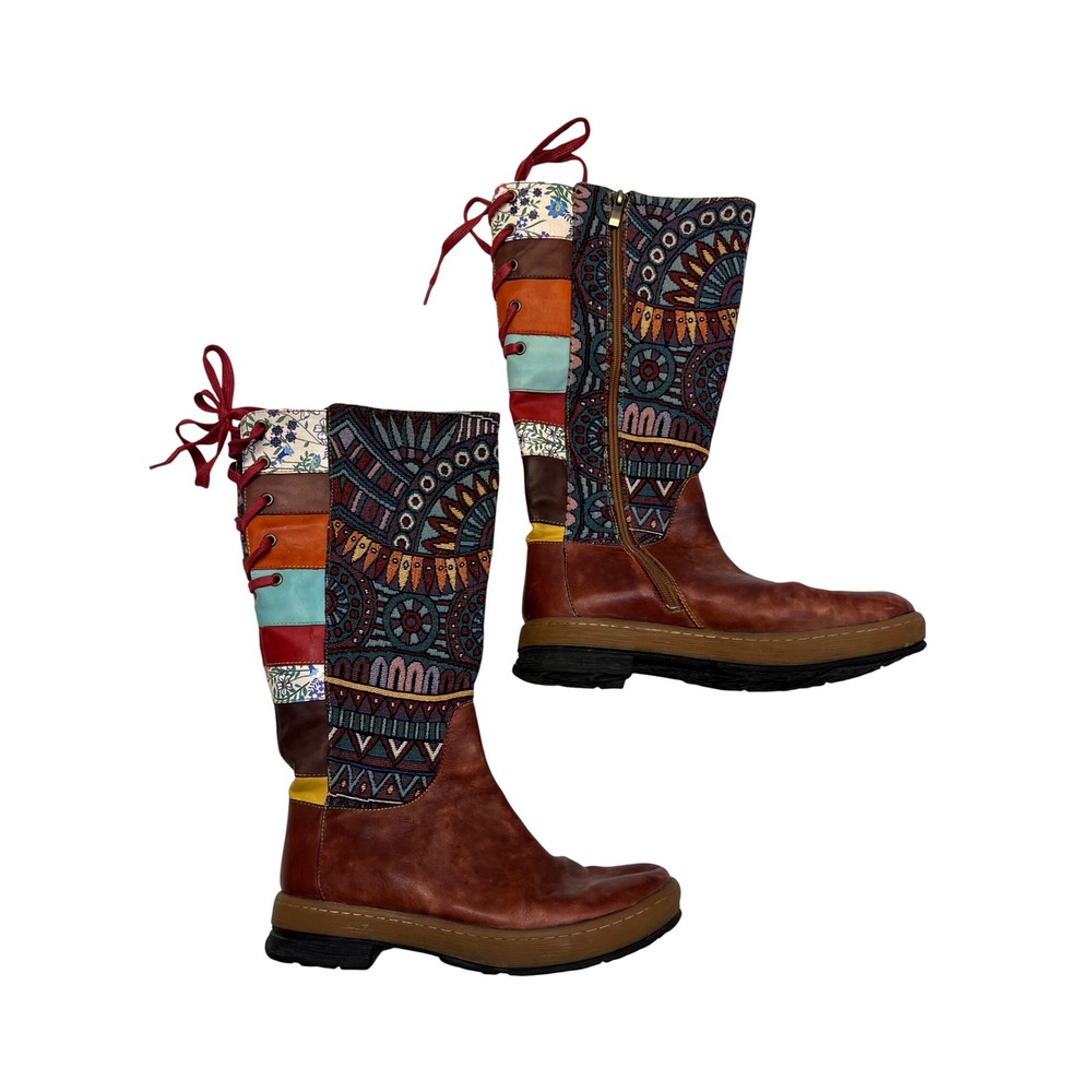 Socofy Brown Leather Multicolor Tapestry Patchwork Bohemian Tall Boots (40) US 9